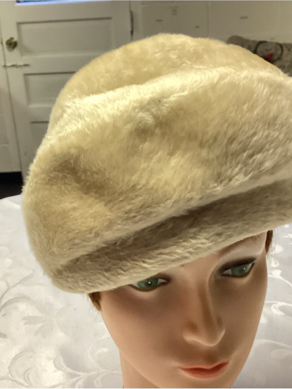 Plush Faux-Fur Beige faux fur hat pillbox
